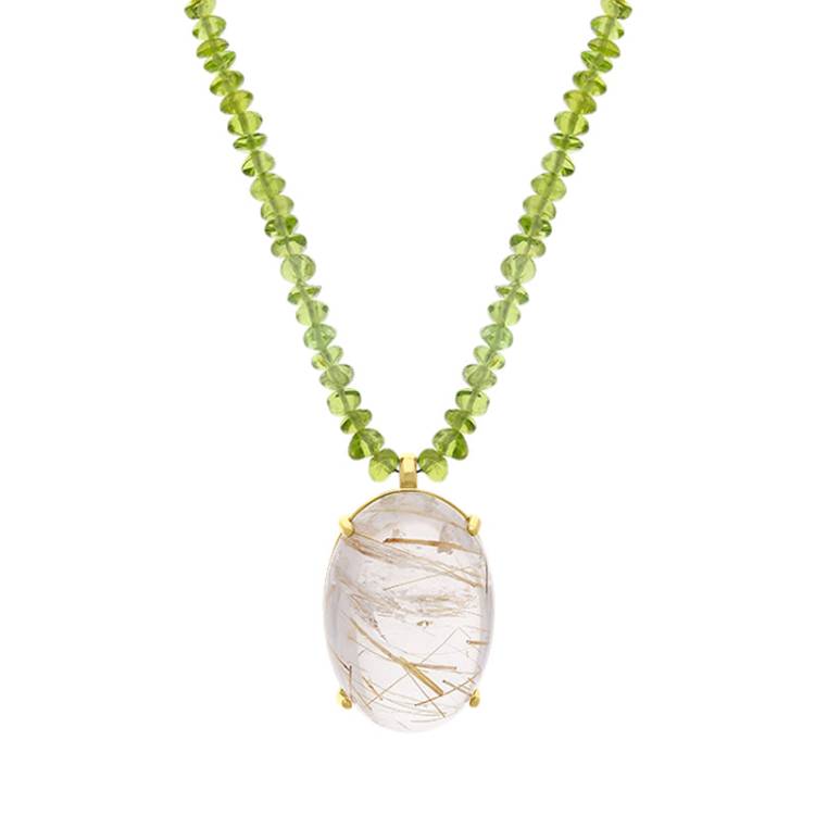 9ct yellow Gold Rutilated Quartz Peridot Beaded Necklace D - Gold