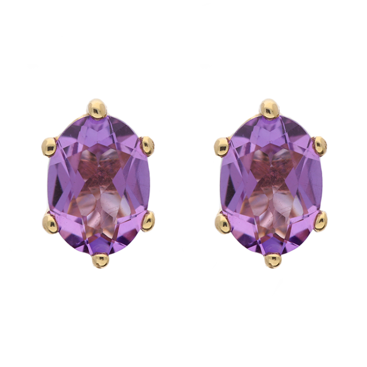 9ct Yellow Gold Sterling Silver Amethyst Stepping Stones 4x7mm Oval Claw Set Stud Earrings