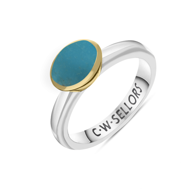 9ct Yellow Gold Sterling Silver Turquoise Stepping Stones 6x8mm Oval Bezel Set Ring