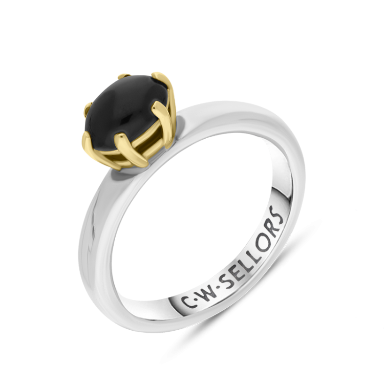 9ct Yellow Gold Sterling Silver Whitby Jet Stepping Stones 4x7mm Oval Claw Set Ring D