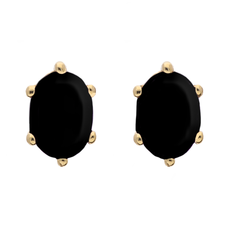 9ct Yellow Gold Sterling Silver Whitby Jet Stepping Stones 4x7mm Oval Claw Set Stud Earrings D