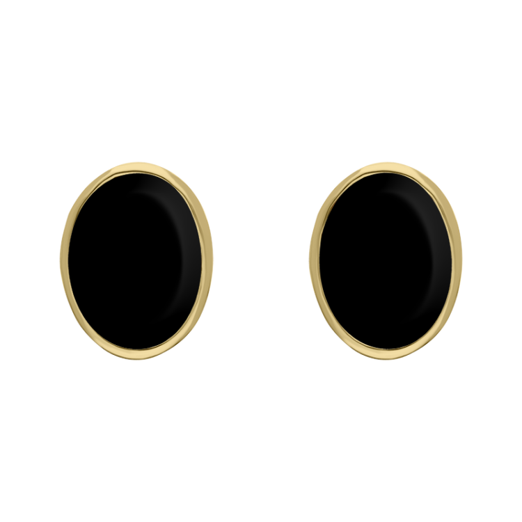 9ct Yellow Gold Sterling Silver Whitby Jet Stepping Stones 6x8mm Oval Stud Earrings