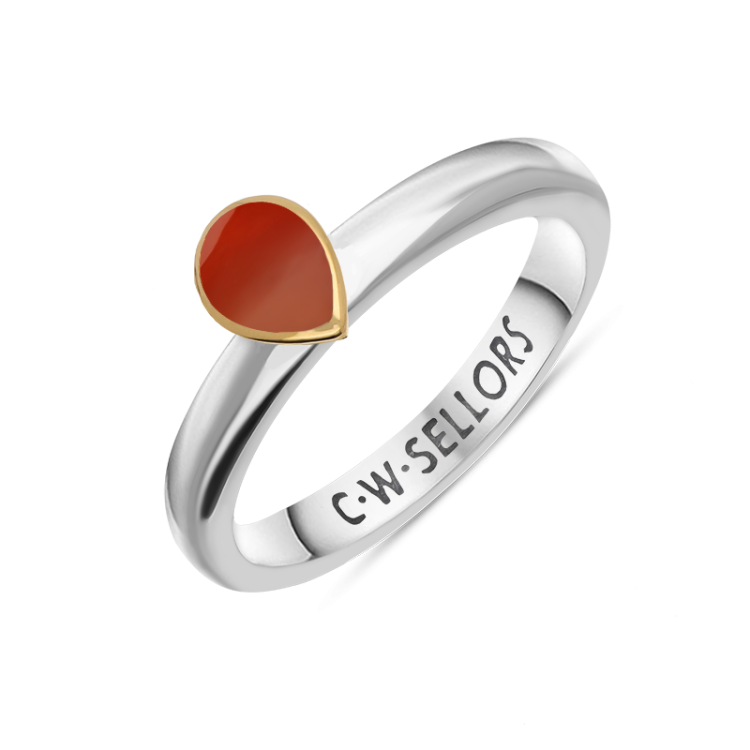 9ct Yellow Gold Sterling Silver Carnelian Stepping Stones 5x7mm Pear Cut Bezel Set Ring