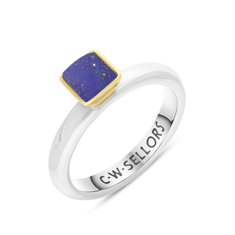9ct Yellow Gold Sterling Silver Lapis Lazuli Stepping Stones 5mm Square Bezel Set Ring
