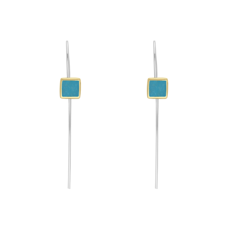 9ct Yellow Gold Sterling Silver Turquoise Stepping Stones 5mm Square Hook Earrings