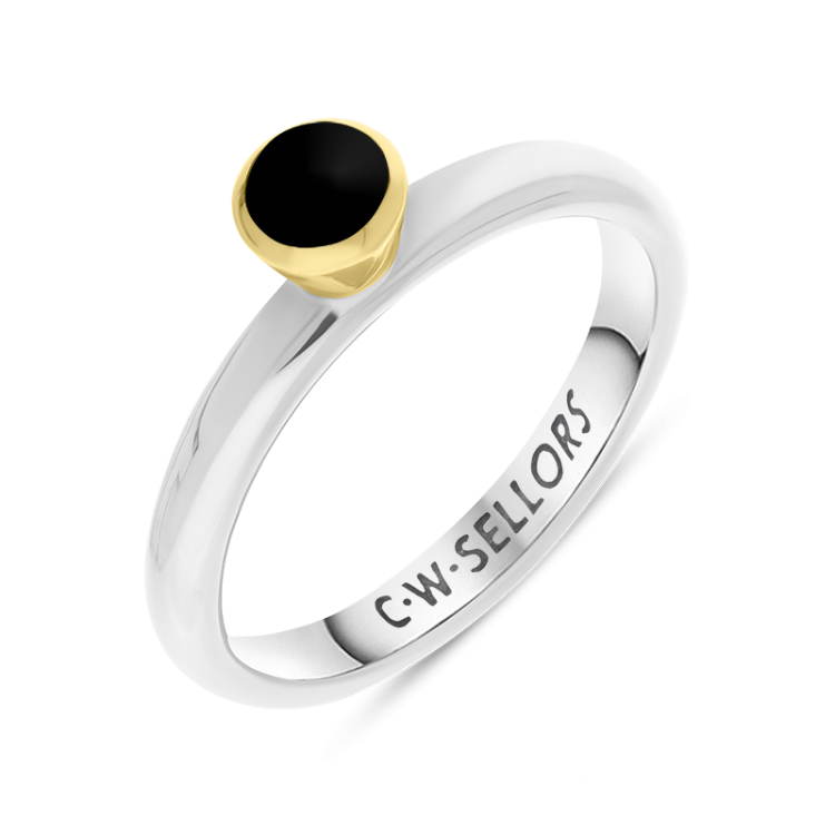 9ct Yellow Gold Sterling Silver Whitby Jet Stepping Stones 5mm Round Bezel Set Ring