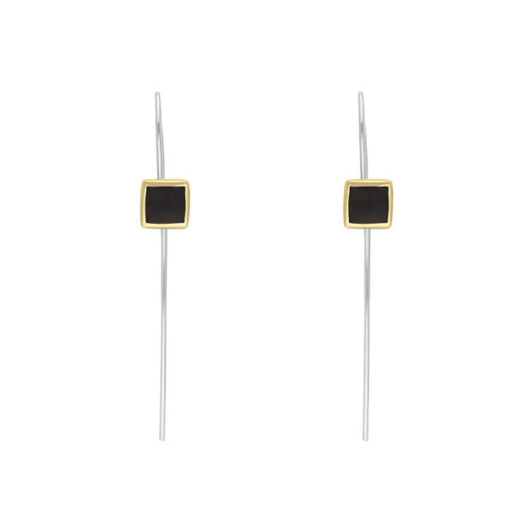 9ct Yellow Gold Sterling Silver Whitby Jet Stepping Stones 5mm Square Hook Earrings