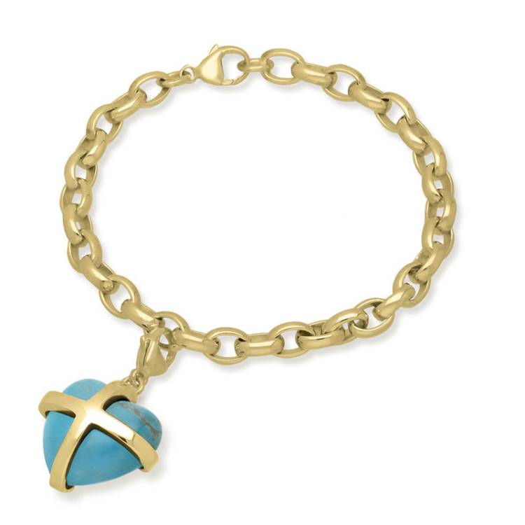 9ct Yellow Gold Turquoise Large Cross Heart Charm Bracelet - Option1 Value Gold