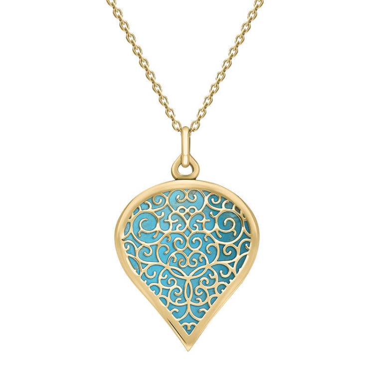 9ct Yellow Gold Turquoise Flore Filigree Large Heart Necklace
