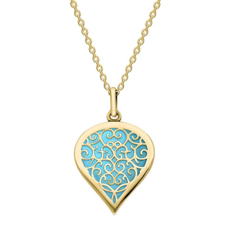 9ct Yellow Gold Turquoise Flore Filigree Medium Heart Necklace
