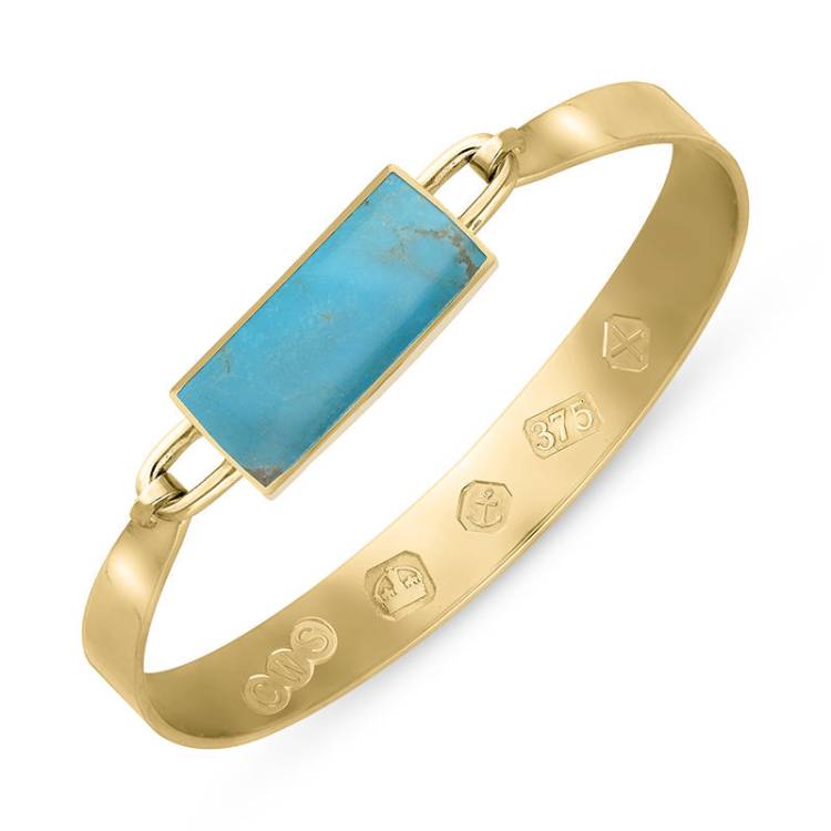9ct Yellow Gold Turquoise Hallmark Wide Oblong Bangle - Gold