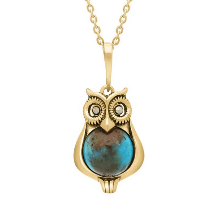 9ct Yellow Gold Turquoise Marcasite Small Owl Necklace - Gold