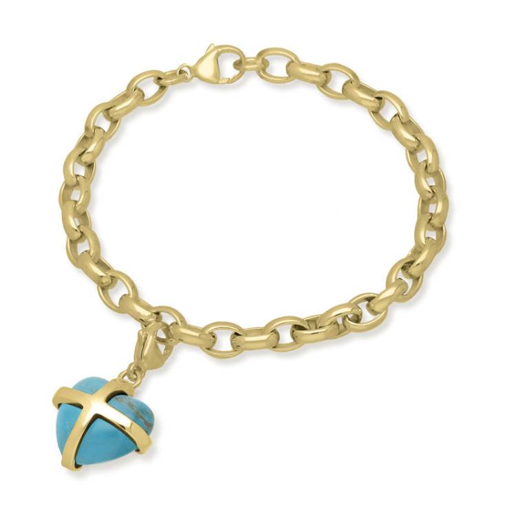 9ct Yellow Gold Turquoise Medium Cross Heart Charm Bracelet - Option1 Value Gold