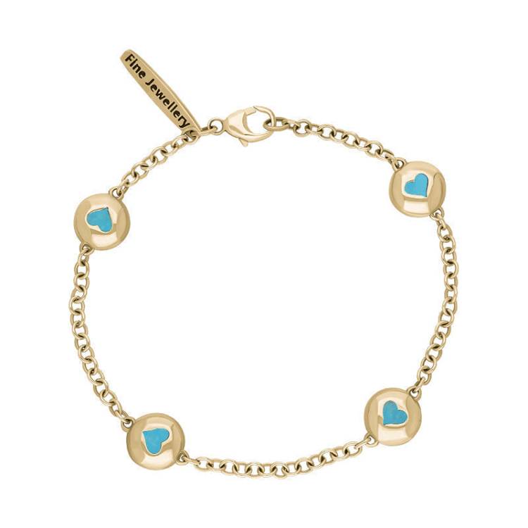 9ct Yellow Gold Turquoise Oval Heart Detail Four Stone Bracelet - Yellow Gold