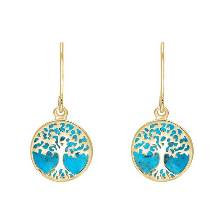 9ct Yellow Gold Turquoise Round Tree of Life Drop Earrings