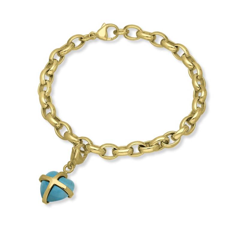 9ct Yellow Gold Turquoise Small Cross Heart Charm Bracelet - Option1 Value Gold
