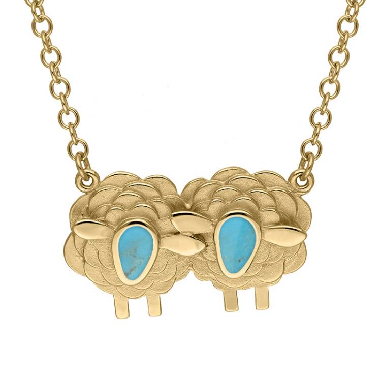 9ct Yellow Gold Turquoise Two Large Sheep Necklace - Gold