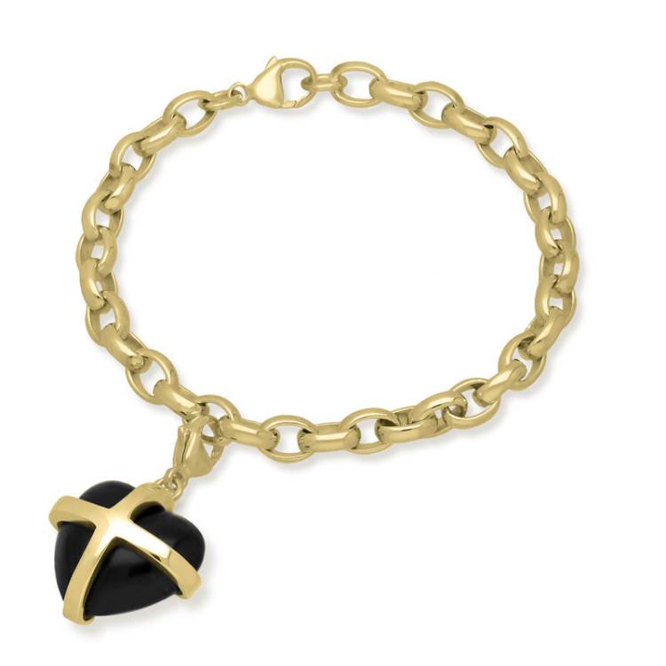9ct Yellow Gold Whitby Jet Large Cross Heart Charm Bracelet - Option1 Value Gold