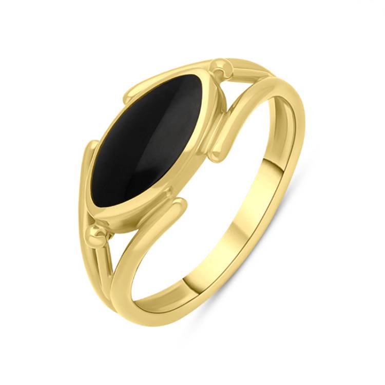9ct Yellow Gold Whitby Jet Marquise Open Shank Ring - Silver