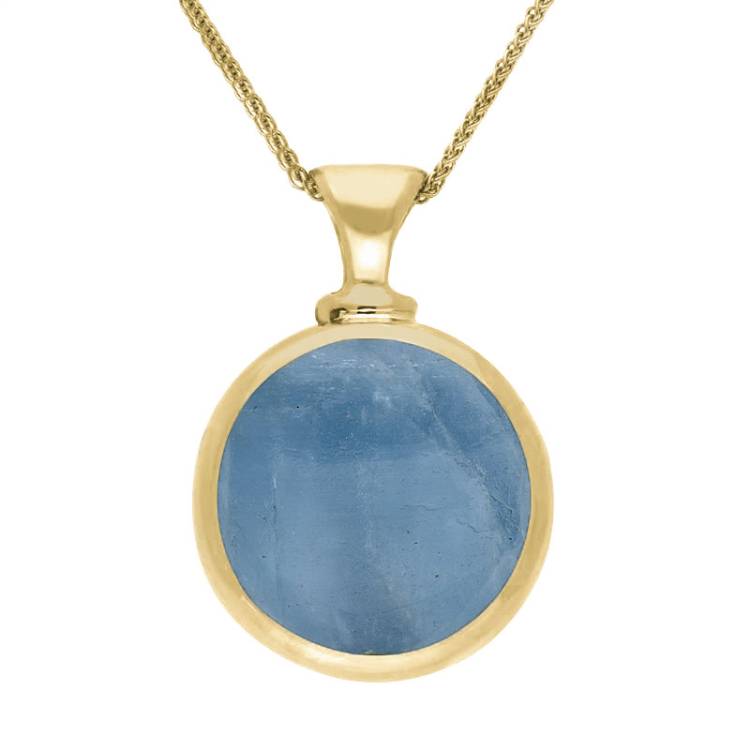 9ct Yellow Gold Whitby Jet Aquamarine Double Sided Round Dinky Fob Necklace - Yellow Gold