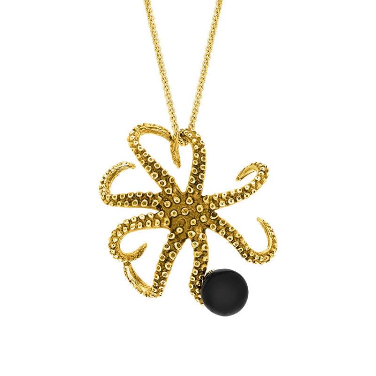 9ct Yellow Gold Whitby Jet Bead Octopus Necklace - Gold