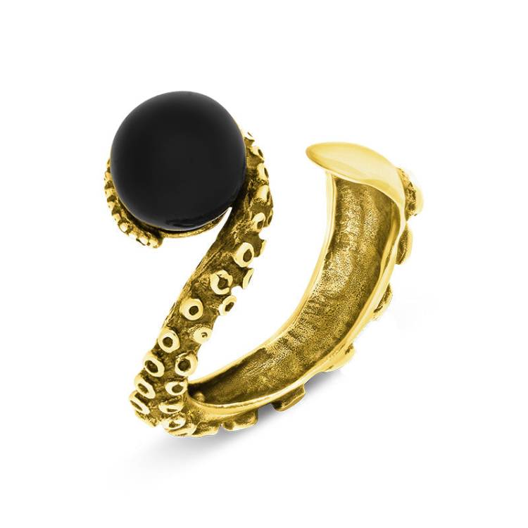 9ct Yellow Gold Whitby Jet Bead Swirl Tentacle Ring - Gold