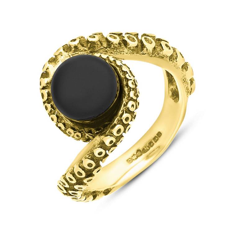 9ct Yellow Gold Whitby Jet Bead Twist Tentacle Ring - Gold