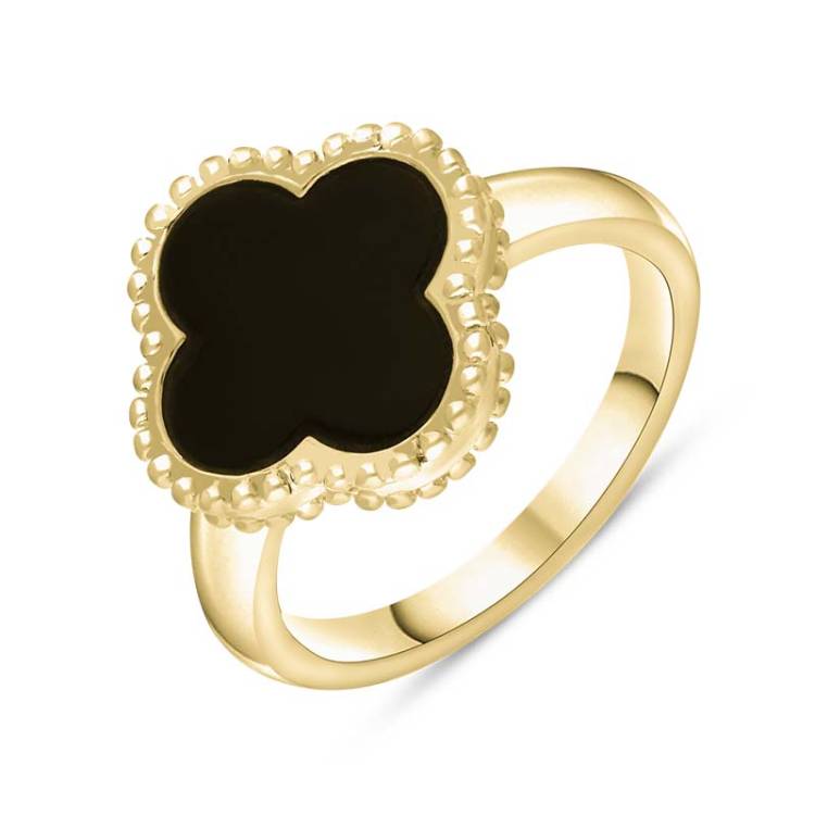 9ct Yellow Gold Whitby Jet Bloom Four Leaf Clover Ball Edge Ring - Gold