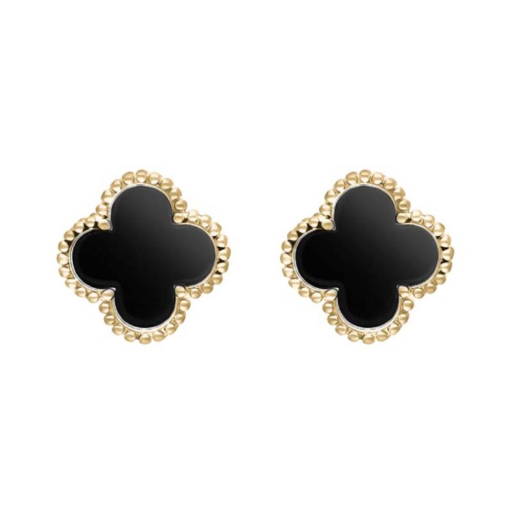 9ct Yellow Gold Whitby Jet Bloom Four Leaf Clover Ball Edge Stud Earrings - Gold