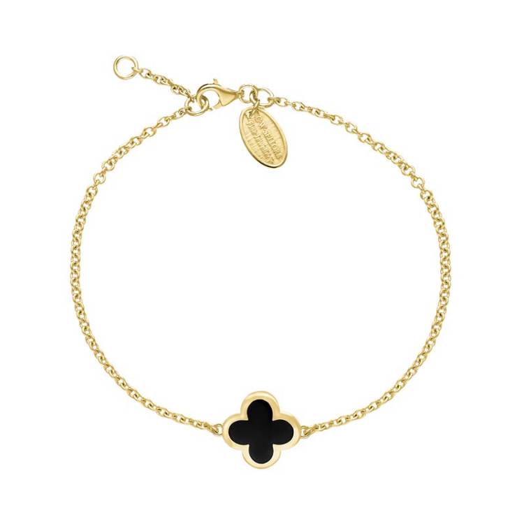 9ct Yellow Gold Whitby Jet Bloom Four Leaf Clover Polished Edge Bracelet - Gold
