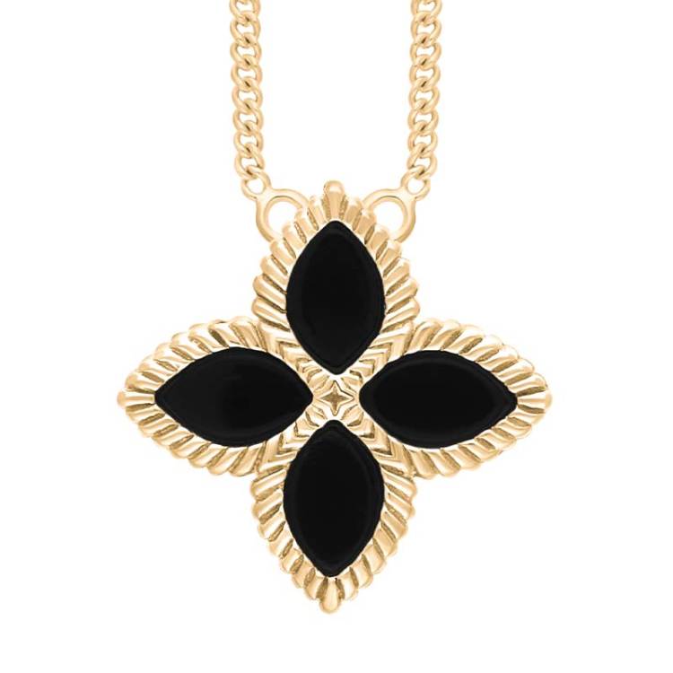 9ct Yellow Gold Whitby Jet Bloom Large Marquise Flower Necklace - Gold