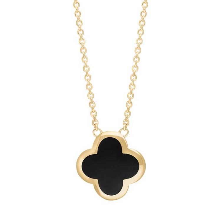 9ct Yellow Gold Whitby Jet Bloom Large Four Leaf Clover Polished Edge Pendant - Gold