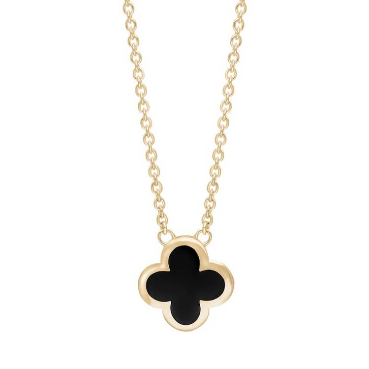 9ct Yellow Gold Whitby Jet Bloom Small Four Leaf Clover Polished Edge Pendant - Gold