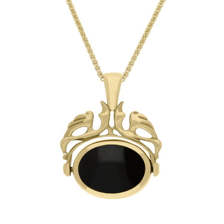 9ct Yellow Gold Whitby Jet Blue John Double Sided Oval Swivel Fob Necklace - Yellow Gold