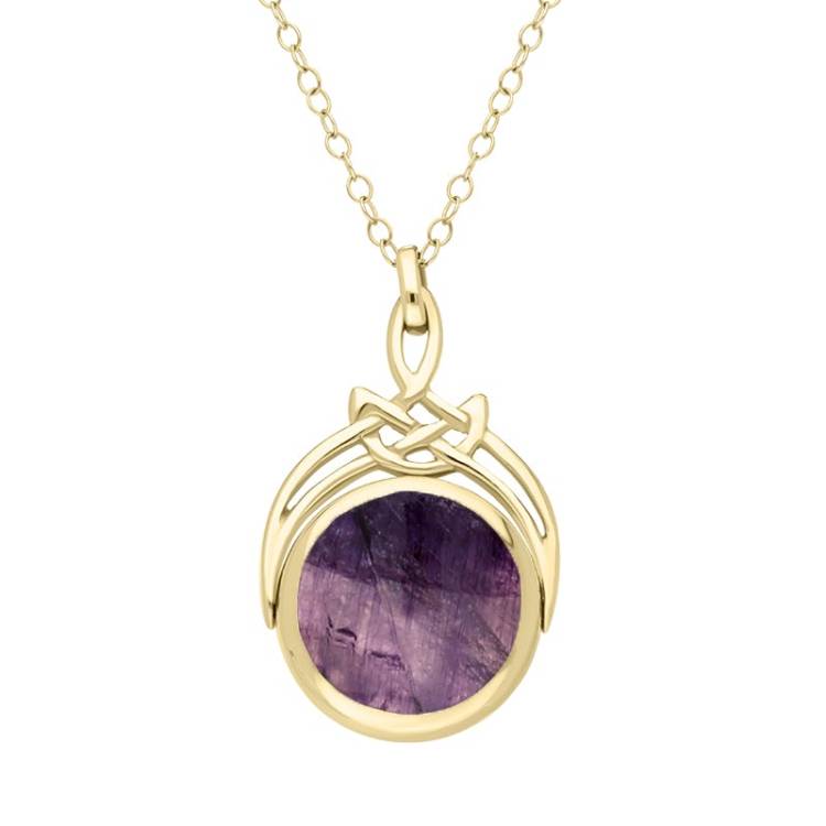 9ct Yellow Gold Whitby Jet Blue John Round Swivel Fob Necklace - Gold