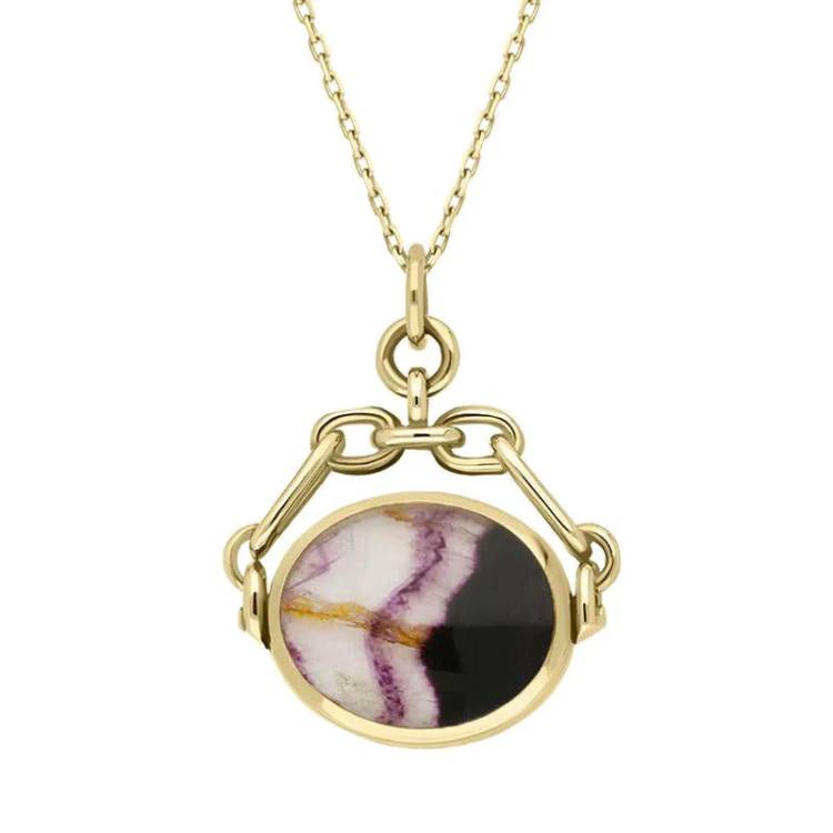 9ct Yellow Gold Whitby Jet Blue John Double Sided Swivel Fob Necklace - Yellow Gold