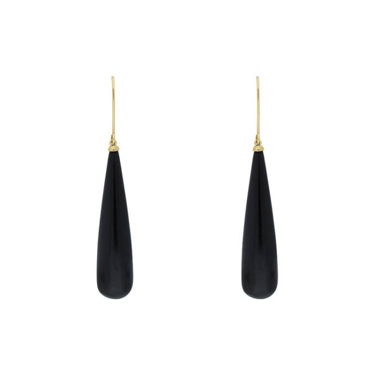9ct Yellow Gold Whitby Jet Bomb Drop Long Hook Earrings D - Gold