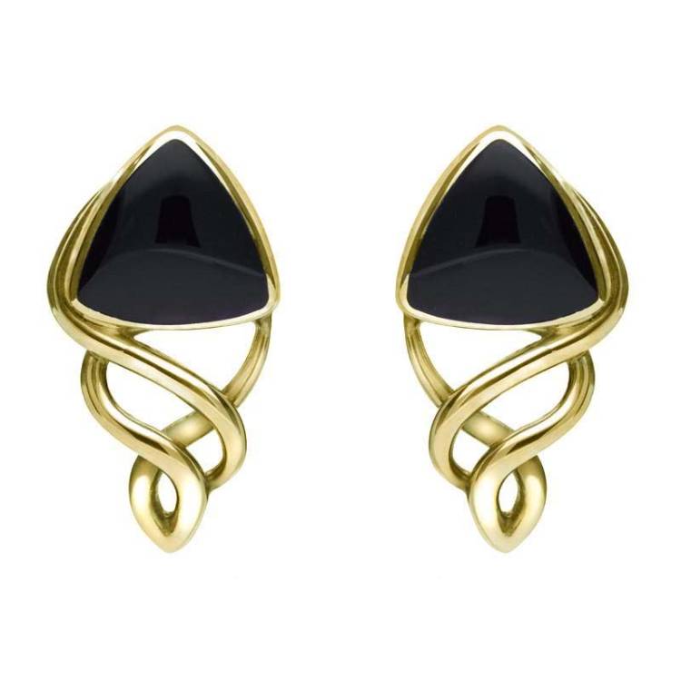 9ct Yellow Gold Whitby Jet Curve Triangle Celtic Stud Earrings - Yellow Gold