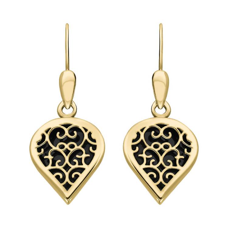 9ct Yellow Gold Whitby Jet Flore Filigree Heart Drop Earrings