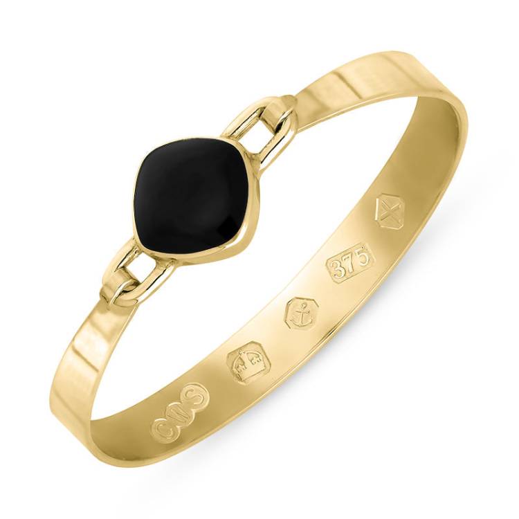 9ct Yellow Gold Whitby Jet Hallmark Wide Cushion Bangle - Gold