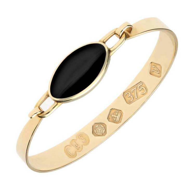 9ct Yellow Gold Whitby Jet Hallmark Wide Oval Bangle - Gold