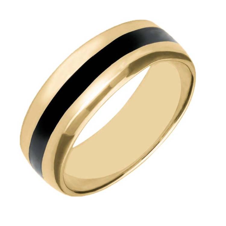 9ct Yellow Gold Whitby Jet Inlaid Wide Wedding Band Ring - Yellow Gold