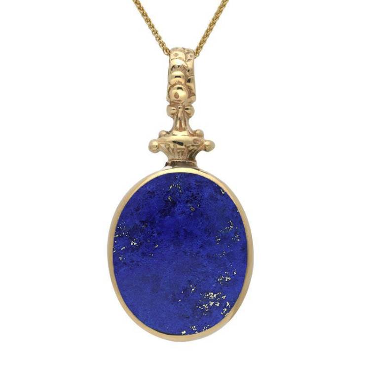 9ct Yellow Gold Whitby Jet Lapis Lazuli Double Sided Oval Fob Necklace - Yellow Gold