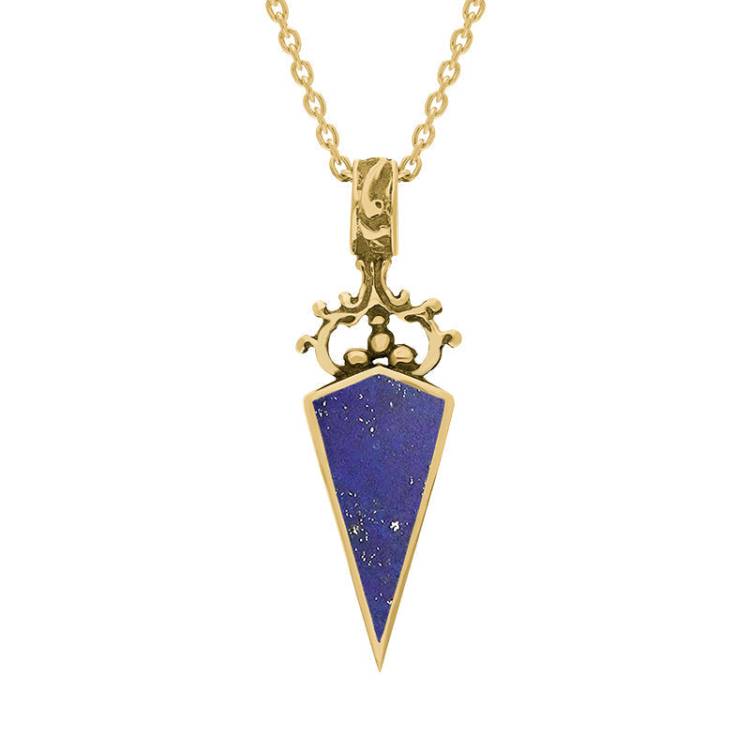 9ct Yellow Gold Whitby Jet Lapis Lazuli Double Sided Scroll Dagger Fob Necklace - Yellow Gold