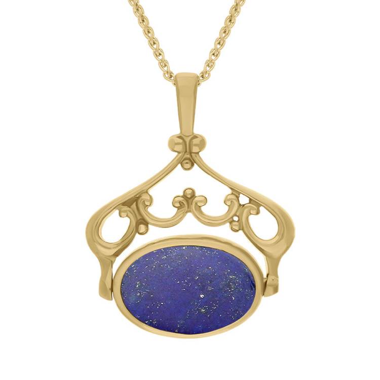 9ct Yellow Gold Whitby Jet Lapis Lazuli Double Sided Oval Swivel Fob Necklace - Yellow Gold