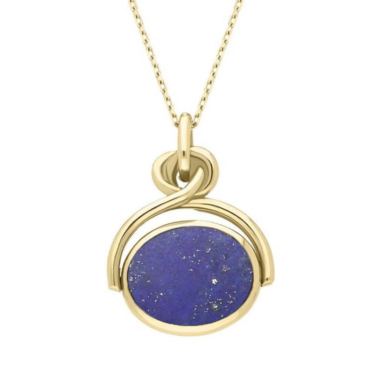 9ct Yellow Gold Whitby Jet Lapis Lazuli Oval Swivel Fob Necklace - Yellow Gold