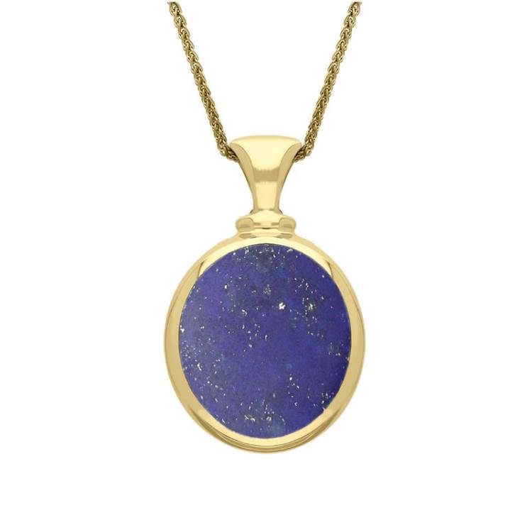 9ct Yellow Gold Whitby Jet Lapis Lazuli Small Double Sided Oval Fob Necklace - Yellow Gold