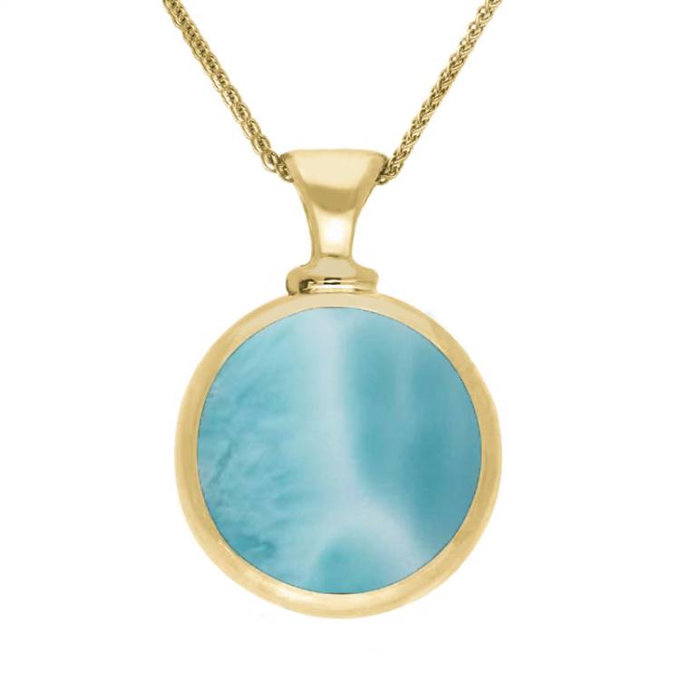 9ct Yellow Gold Whitby Jet Larimar Double Sided Round Dinky Fob Necklace - Yellow Gold