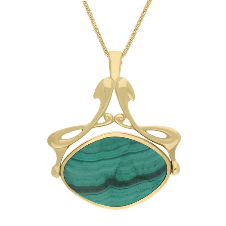 9ct Yellow Gold Whitby Jet Malachite Bell Diamond Swivel Fob Necklace - Gold