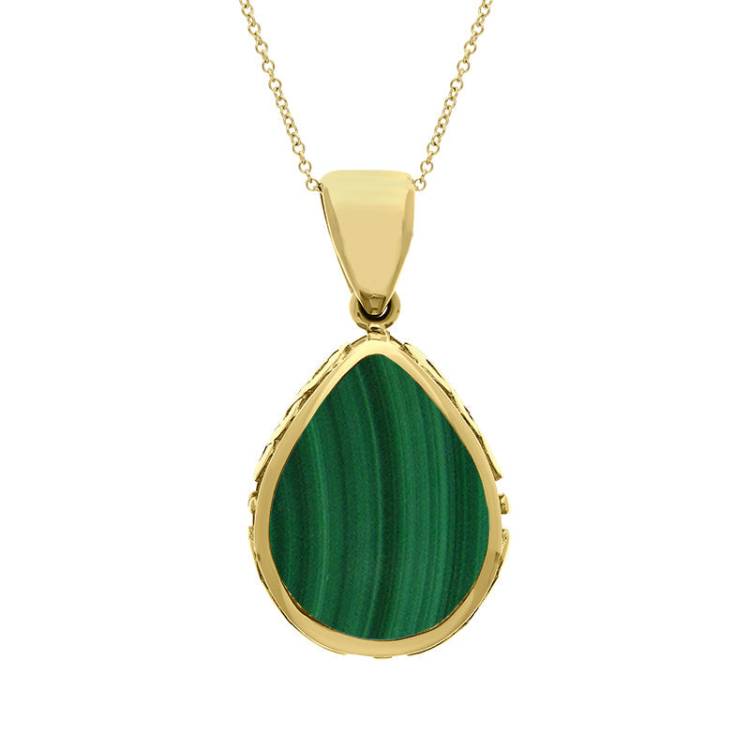 9ct Yellow Gold Whitby Jet Malachite Double Sided Celtic Edge Pear Cut Fob Necklace - Yellow Gold
